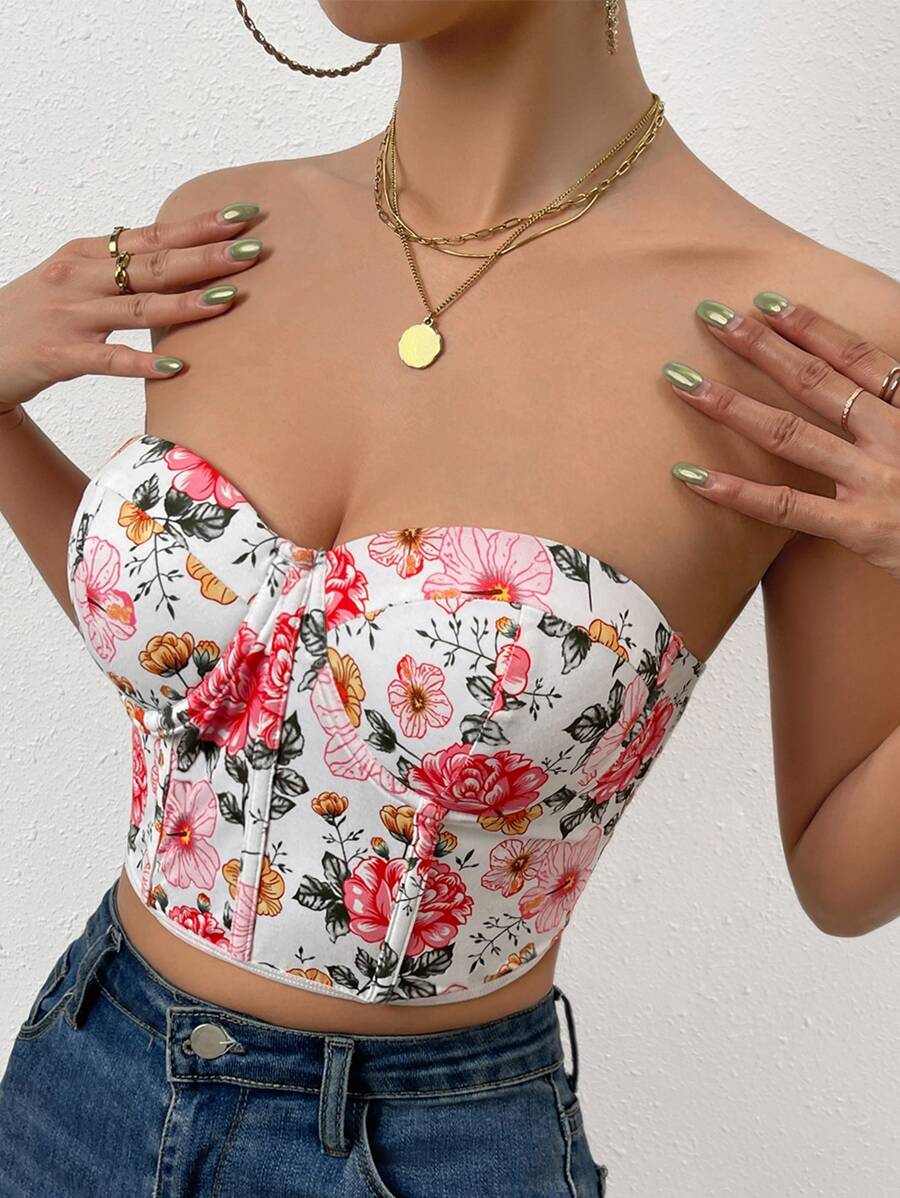 SHEIN Essnce 印花鉤眼扣緊身上衣短款抹胸上衣 - 白色 - 查看 1