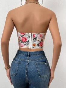 SHEIN Essnce 印花鉤眼扣緊身上衣短款抹胸上衣 - 白色 - 查看 2