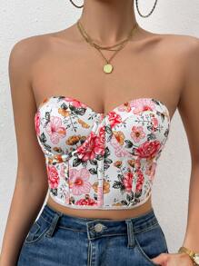 SHEIN Essnce 印花鉤眼扣緊身上衣短款抹胸上衣 - 白色 - 查看 3