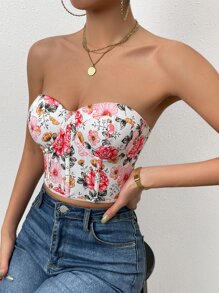 SHEIN Essnce 印花鉤眼扣緊身上衣短款抹胸上衣 - 白色 - 查看 6