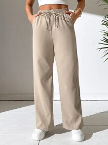 SHEIN PETITE 腰部抽繩直筒褲 - 杏色 - 查看 1