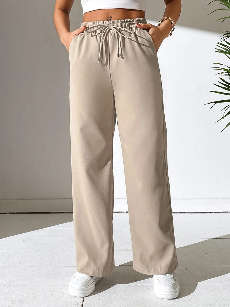 SHEIN PETITE 腰部抽繩直筒褲 - 杏色 - 查看 1