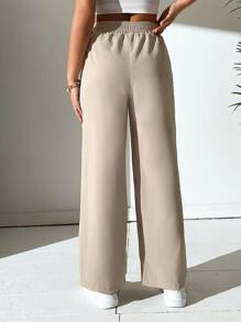 SHEIN PETITE 腰部抽繩直筒褲 - 杏色 - 查看 2