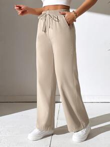 SHEIN PETITE 腰部抽繩直筒褲 - 杏色 - 查看 3