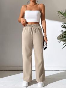 SHEIN PETITE 腰部抽繩直筒褲 - 杏色 - 查看 4