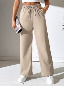 SHEIN PETITE 腰部抽繩直筒褲 - 杏色 - 查看 5