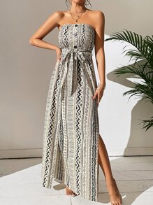 Breezaya Đầm Maxi Ống Thắt Lưng Chia Đùi In Hình Geo Trang Phục Đi Biển Cho Nữ - Đen và trắng - Xem 3