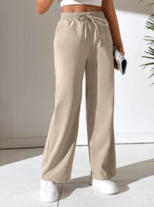 SHEIN PETITE 腰部抽繩直筒褲 - 杏色 - 查看 6