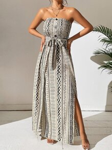 Breezaya Đầm Maxi Ống Thắt Lưng Chia Đùi In Hình Geo Trang Phục Đi Biển Cho Nữ - Đen và trắng - Xem 6