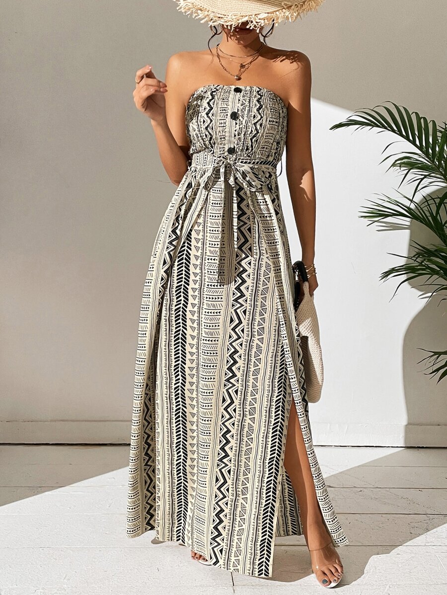 Breezaya Đầm Maxi Ống Thắt Lưng Chia Đùi In Hình Geo Trang Phục Đi Biển Cho Nữ - Đen và trắng - Xem 1