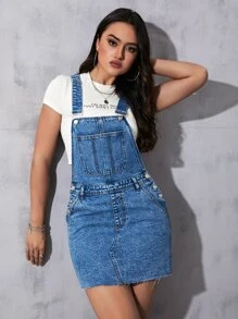 Pocket Patched Denim Pinafore Dress Without Tee - Medium Wash - View 1