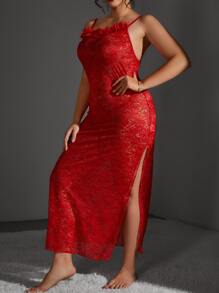 Plus Floral Lace Slips With Thong - Red - View 4