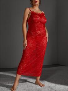 Plus Floral Lace Slips With Thong - Red - View 5