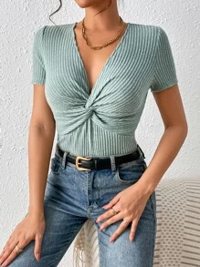 SHEIN Frenchy Twist Front Ribbed Knit Tee - Mint Green - View 1