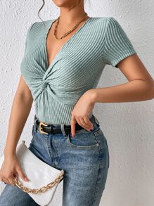 SHEIN Frenchy Twist Front Ribbed Knit Tee - Mint Green - View 5