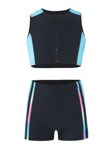 Young Girl Color Block Zipper Front Bikini Set Summer Beach - Black - View 1