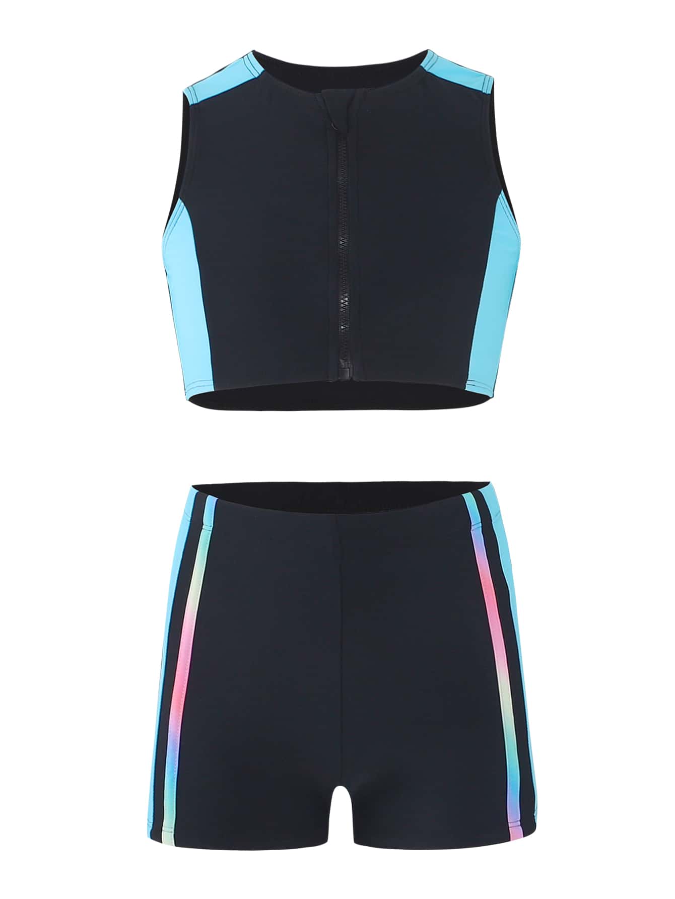 Young Girl Color Block Zipper Front Bikini Set Summer Beach - Black - View 1