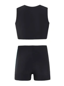 Young Girl Color Block Zipper Front Bikini Set Summer Beach - Black - View 2