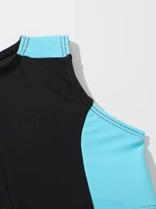 Young Girl Color Block Zipper Front Bikini Set Summer Beach - Black - View 4