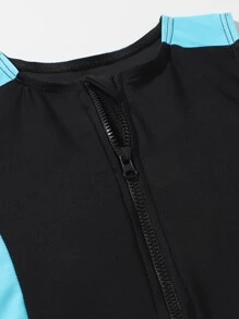 Young Girl Color Block Zipper Front Bikini Set Summer Beach - Black - View 5