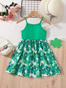 SHEIN 小女童三葉草印花吊帶連衣裙 - 綠色 - 查看 1