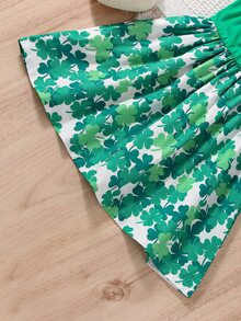 SHEIN 小女童三葉草印花吊帶連衣裙 - 綠色 - 查看 3