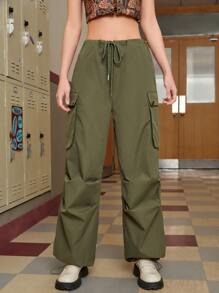 SHEIN MOD Flap Pocket Side Parachute Cargo Trousers - Army Green - View 4