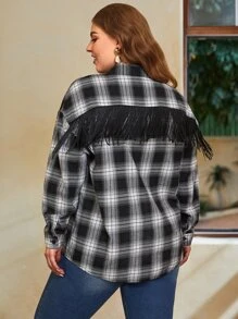 SHEIN LUNE Abrigo de cuadros ribete con fleco de hombros caídos - Blanco y Negro - Ver 3