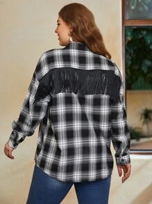 SHEIN LUNE Abrigo de cuadros ribete con fleco de hombros caídos - Blanco y Negro - Ver 2