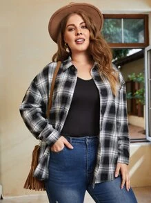 SHEIN LUNE Abrigo de cuadros ribete con fleco de hombros caídos - Blanco y Negro - Ver 1