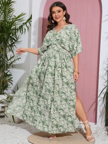 SHEIN VCAY Đầm Plus Size Nút Tách cao Hoa Tất cả trên in Boho - Màu xanh Bạc hà - Xem 1