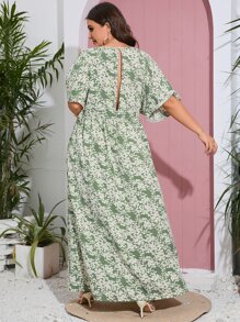 SHEIN VCAY Đầm Plus Size Nút Tách cao Hoa Tất cả trên in Boho - Màu xanh Bạc hà - Xem 2