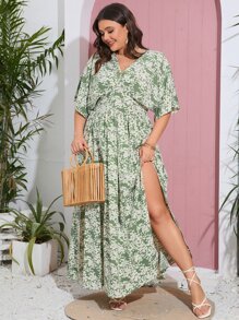 SHEIN VCAY Đầm Plus Size Nút Tách cao Hoa Tất cả trên in Boho - Màu xanh Bạc hà - Xem 4