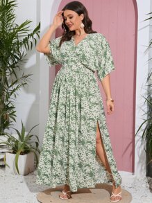 SHEIN VCAY Đầm Plus Size Nút Tách cao Hoa Tất cả trên in Boho - Màu xanh Bạc hà - Xem 5