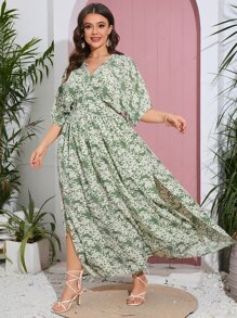 SHEIN VCAY Đầm Plus Size Nút Tách cao Hoa Tất cả trên in Boho - Màu xanh Bạc hà - Xem 6