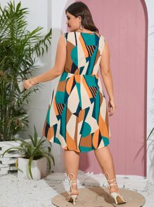 SHEIN VCAY Plus Allover Print Belted Dress - Multicolor - View 2