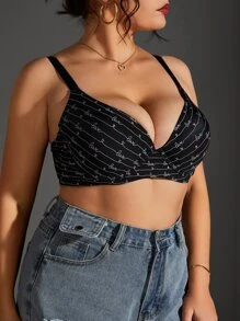 Plus Letter Graphic Underwire Bra - Black - View 3