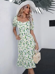 SHEIN VCAY Allover Floral Print Ruffle Hem Dress - Green - View 1