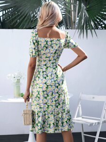SHEIN VCAY Allover Floral Print Ruffle Hem Dress - Green - View 2