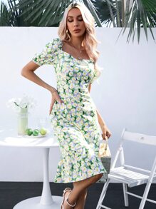 SHEIN VCAY Allover Floral Print Ruffle Hem Dress - Green - View 4