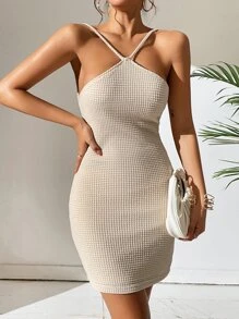 Chiquease Waffle Knit Backless Cami Bodycon Dress - Apricot - View 2