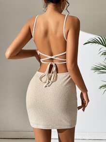 Chiquease Waffle Knit Backless Cami Bodycon Dress - Apricot - View 3