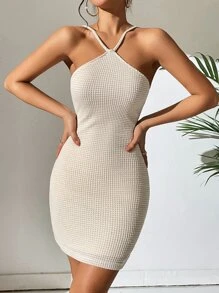 Chiquease Waffle Knit Backless Cami Bodycon Dress - Apricot - View 4