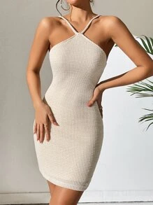 Chiquease Waffle Knit Backless Cami Bodycon Dress - Apricot - View 6