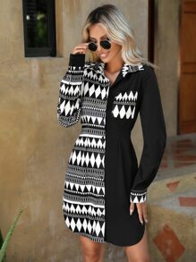 SHEIN Clasi 幾何印花前紐扣襯衫連衣裙 - 黑與白 - 查看 3