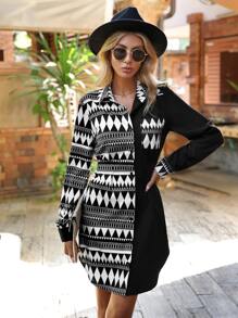 SHEIN Clasi 幾何印花前紐扣襯衫連衣裙 - 黑與白 - 查看 4