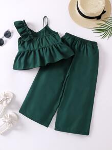 SHEIN Conjunto verde de dos piezas para niña joven con top corto con hombros descubiertos y pantalones cortos de cintura alta, informal y de moda para el verano - Verde Oscuro - Ver 2