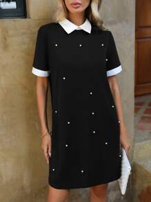 SHEIN Clasi 珍珠串珠拼接領直筒連衣裙 - 黑色 - 查看 1