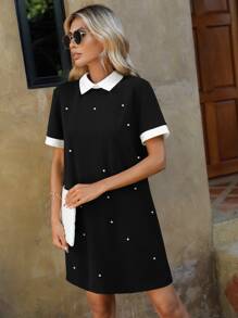 SHEIN Clasi 珍珠串珠拼接領直筒連衣裙 - 黑色 - 查看 3