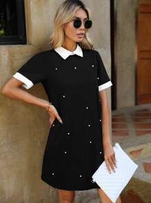 SHEIN Clasi 珍珠串珠拼接領直筒連衣裙 - 黑色 - 查看 4